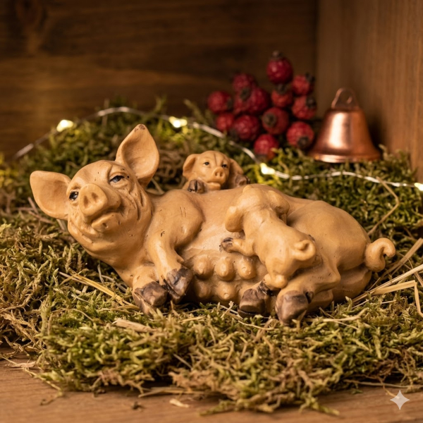 Handbemalte Krippenfigur Mutterschwein mit Ferkel, ca. 3 cm, T118
